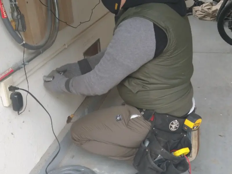 Electrician performing outlet wiring in a Micco garage